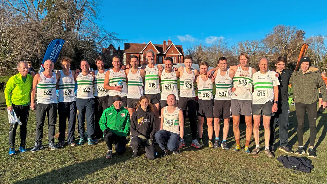 Smiles in the sunshine: The Guernsey senior runners at the 2026 Hampshire Cross-Country Championships at Fairthorne Manor in Southampton
