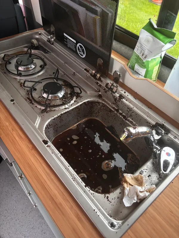 Even after spending 30 minutes clearing up the ‘kitchen’ after a glass screen exploded, there was still quite a mess