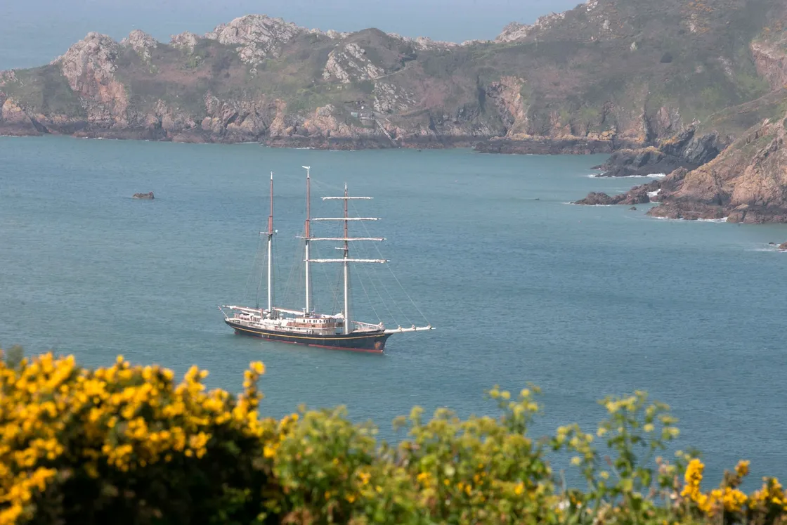 Pic by Adrian Miller 22-04-20 Gulden Leeuw Dutch schooner moored on the south coast picture taken at Icart St Martin's- sailing boat ship scenic calendar. (28102502)