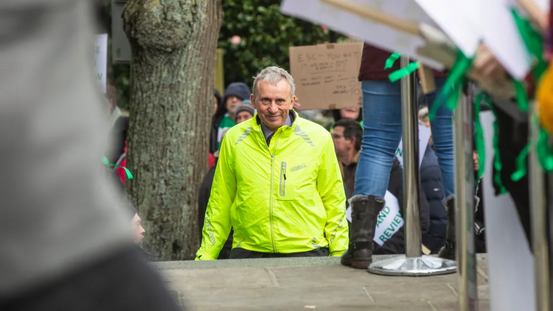 Picture by Sophie Rabey.  26-02-20.  People of Guernsey have gathered in protest this morning outside the States building.  A final appeal to deputies to 'Pause and Review' the Secondary School Education plans as requete day is here.  Mark Dorey.. (27288331)