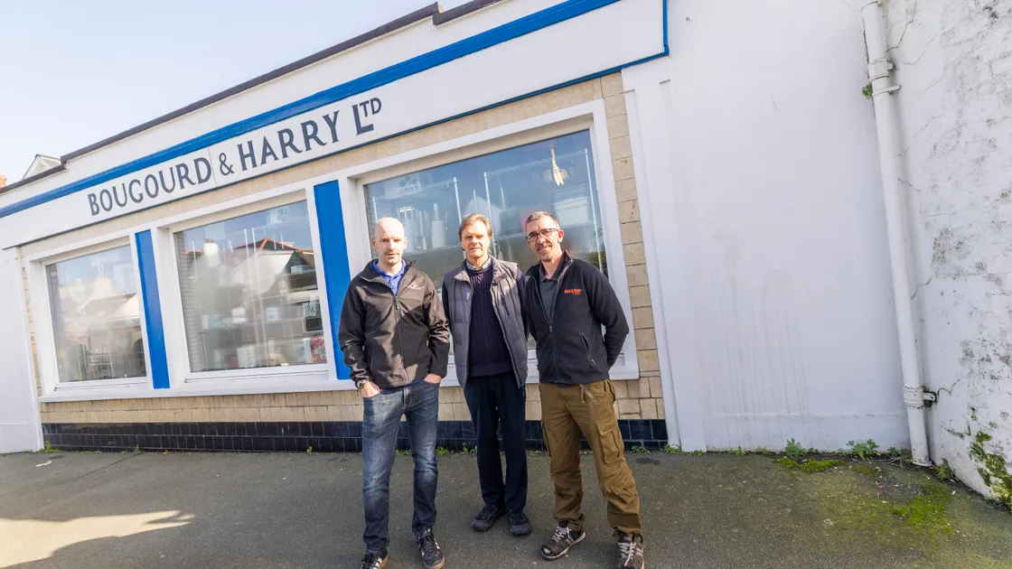 Bougourd & Harry has been sold to two businesses, Lotus Pools and Pitstop Tyres. Lotus Pools will take on the front showroom of the property and Pitstop will have its existing space as well as some of the property to the rear. From left, Andy Clover of Lotus Pools, Bougourd & Harry director Alan Bougourd and Chris Le Carpentier of Pitstop Tyres.		 (Picture by Sophie Rabey, 34639356)