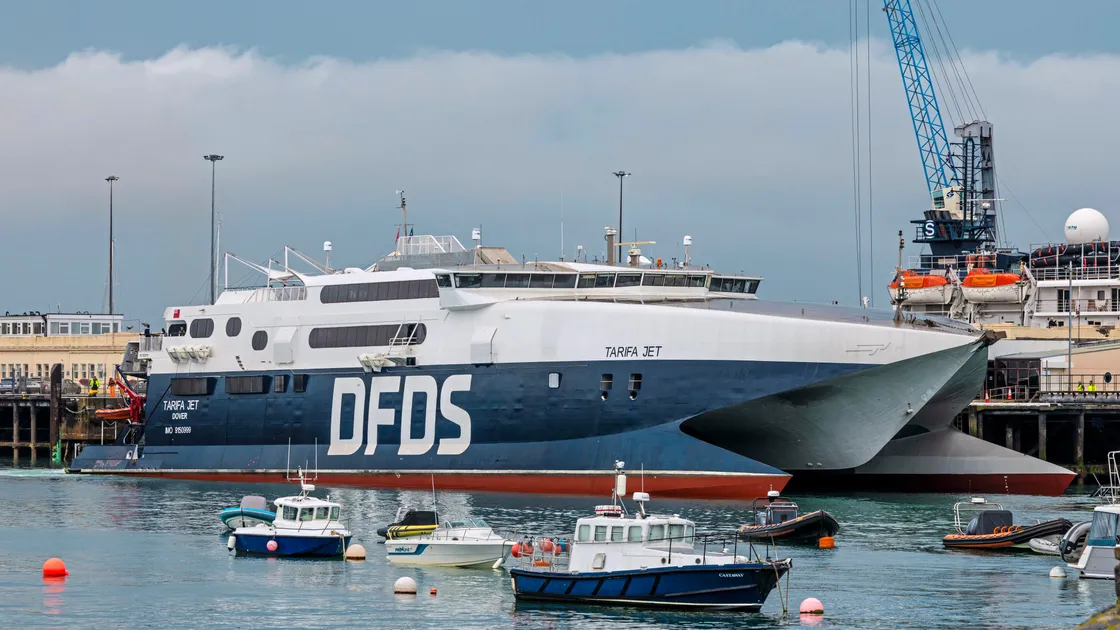 The DFDS ship Tarifa Jet undertook berthing trials in St Peter Port on Thursday.