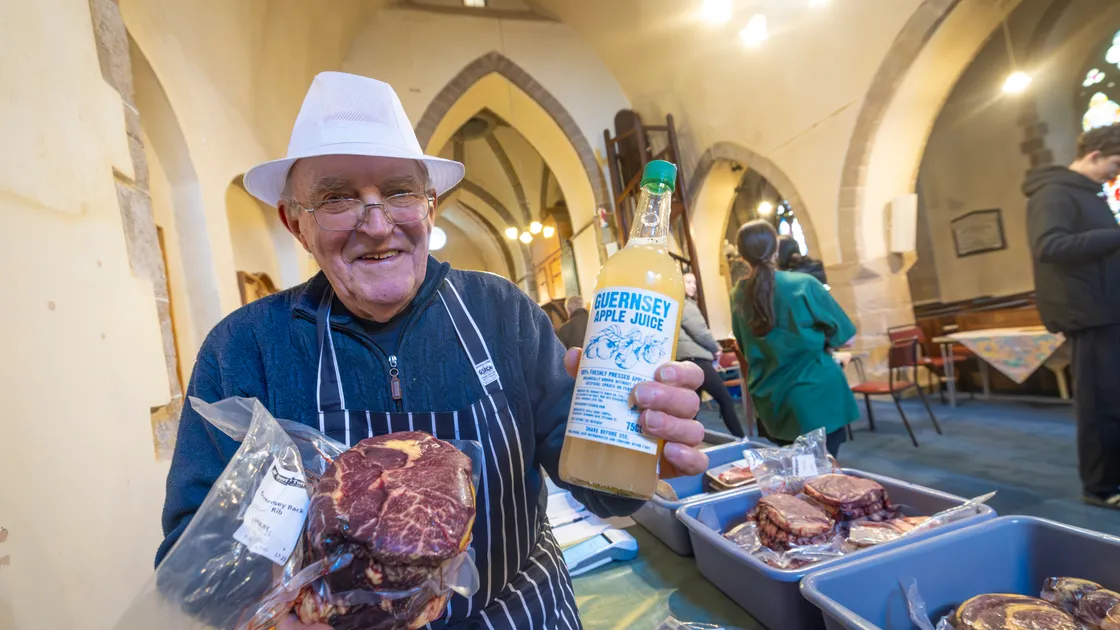Bill Luff was selling meat and other locally-produced items in the new surrounds of Castel Church