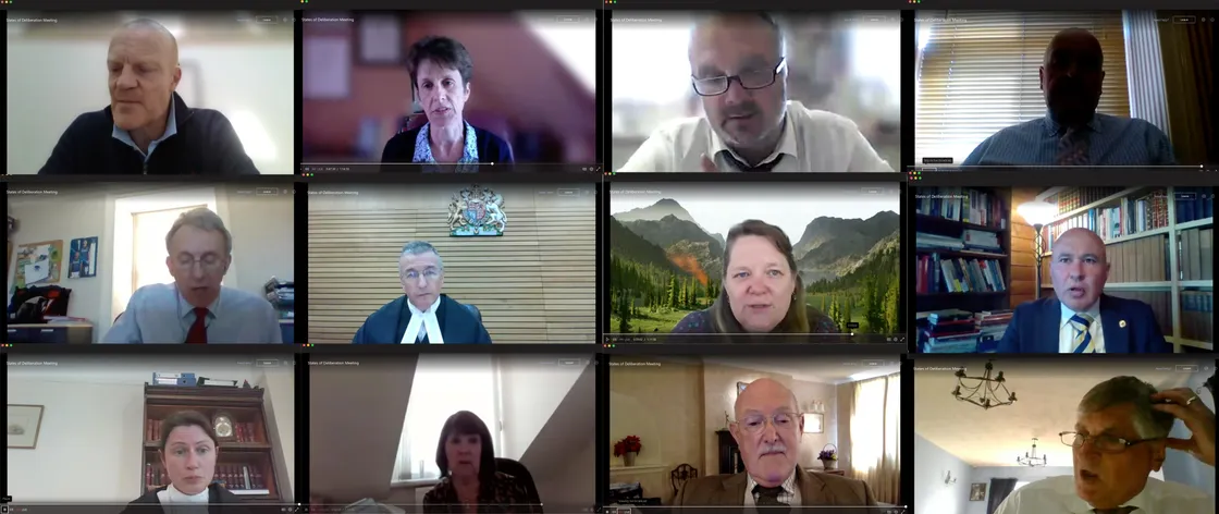 14-04-20 Some of the states members broadcasting from home during a virtual states meeting due to Covid-19. L-R - Top - Gavin St Pier, Heidi Soulsby, Neil Inder, Jonathan Le Tocq. Middle - Mark Dorey, Deputy Bailiff Richard McMahon, Rhian Tooley, Carl Meerveld. Bottom - Procurer Megan Pullum, Mary Lowe, Jeremy Smithies and Rob Prow. (29194757)