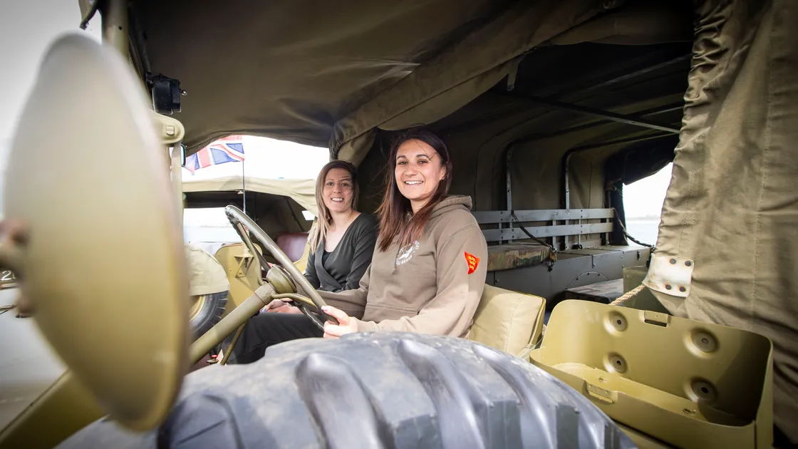 Picture by Sophie Rabey.  04-05-20.  Guernsey Military Vehicle Group have had to change their plans that they had in place for the 75th Liberation Day here this year because of Coronavirus Lockdown.  Instead of the usual cavalcade they will be posting videos on their social media throughout the day to show islanders some of their members military vehicles.  Dyer family, L-R Sophie and Laura Dyer.. (28240600)