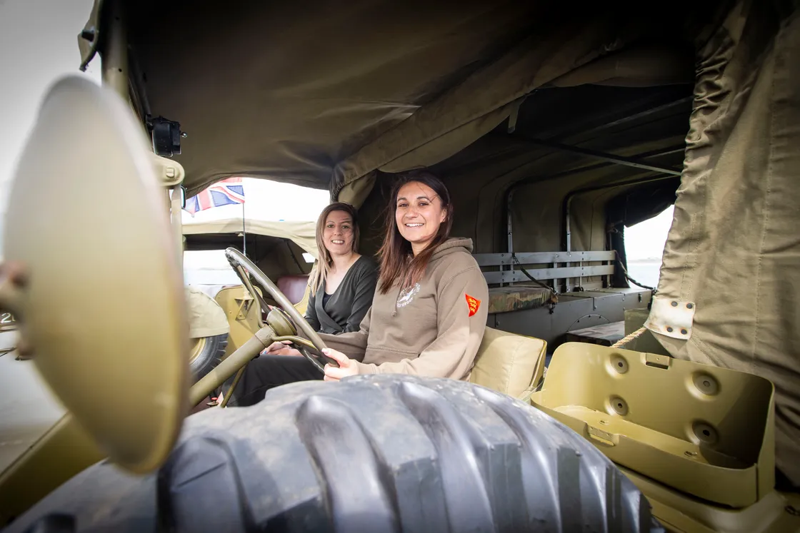 Picture by Sophie Rabey.  04-05-20.  Guernsey Military Vehicle Group have had to change their plans that they had in place for the 75th Liberation Day here this year because of Coronavirus Lockdown.  Instead of the usual cavalcade they will be posting videos on their social media throughout the day to show islanders some of their members military vehicles.  Dyer family, L-R Sophie and Laura Dyer.. (28240600)
