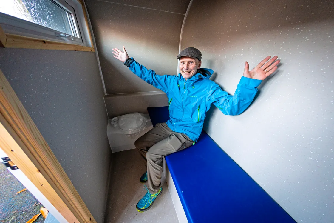 ‘There are no utilities, they are stand-alone and have lighting, a USB charging port and a chemical toilet which is cleaned through a hatch,’ said Mr Merfield