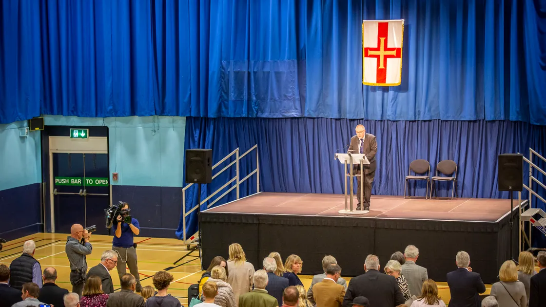 The declaration of the 2020 general election results at Beau Sejour. (Picture by Sophie Rabey, 33261716)