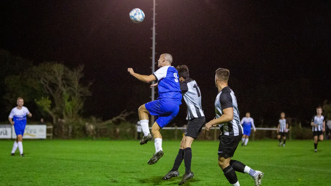 Max Simpson-Cohen winning a header on the night he scored a hat-trick for Rovers against Saints last month. (Picture by Luke Le Prevost, 31408537)